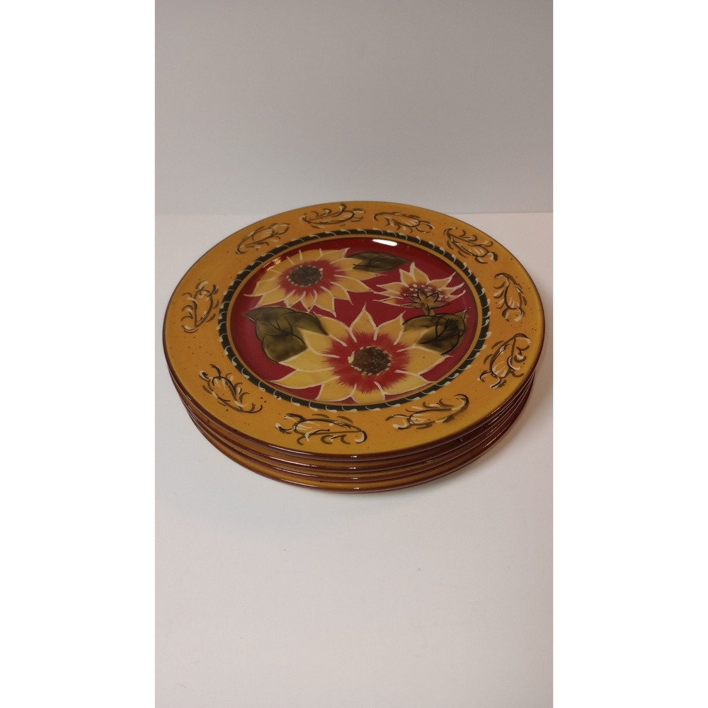 Lot of 4 Pier 1 Imports 8.25" Hand Painted Terracotta Sunflower Salad Plate 2009